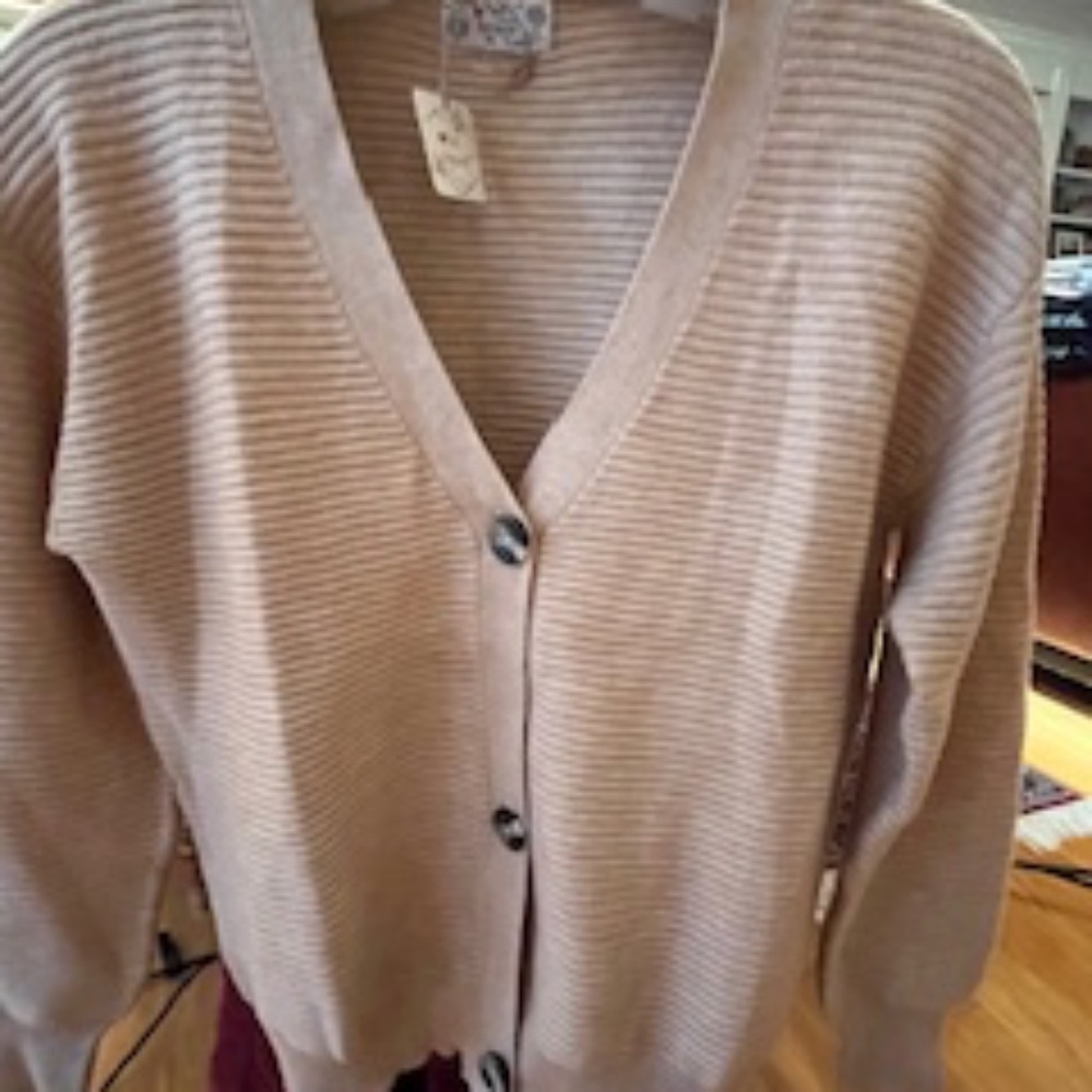 Tan Poof Apparel Sweater w/3 buttons, Medium, NEW